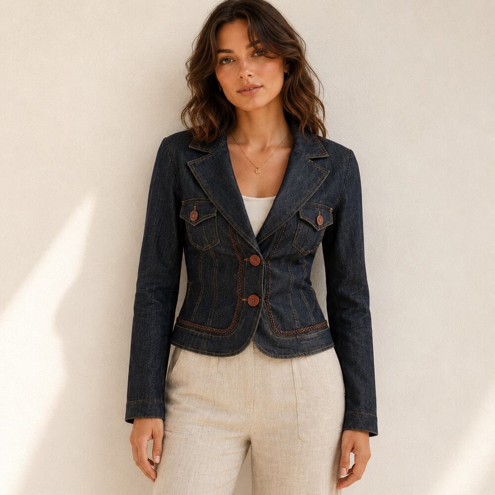 Vintage Y2K Boston Proper Denim Jacket Size 4 Small Leather Trim Fitted Boho